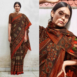Brown Foil Digital Printed Cotton Blend Saree
