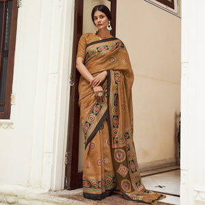Brown Foil Digital Printed Cotton Blend Saree