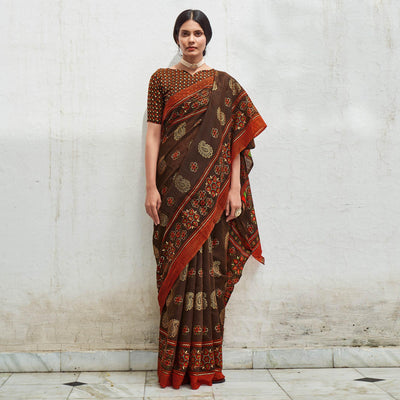 Brown Foil Digital Printed Cotton Blend Saree