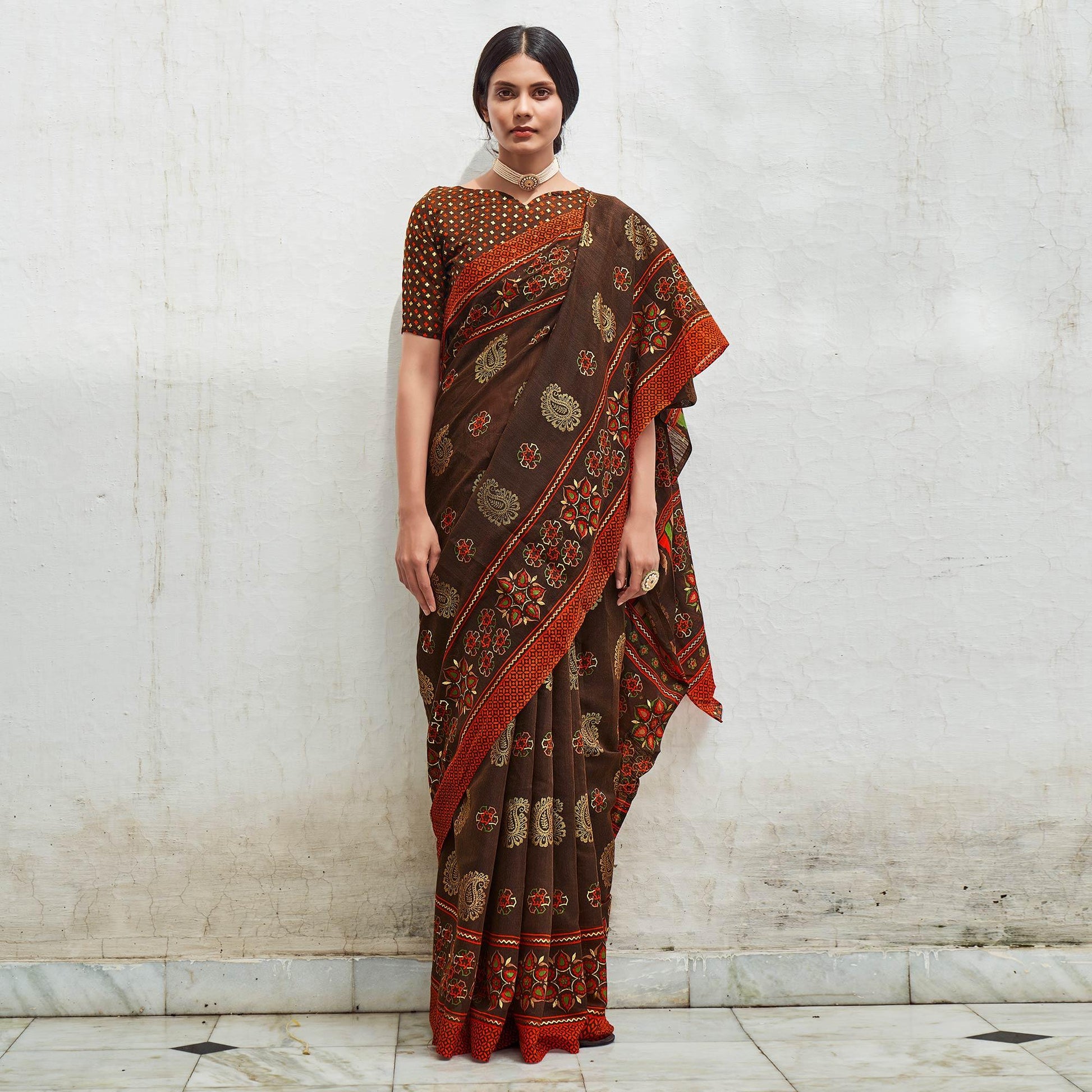 Brown Foil Digital Printed Cotton Blend Saree