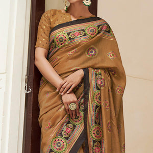 Brown Foil Digital Printed Cotton Blend Saree