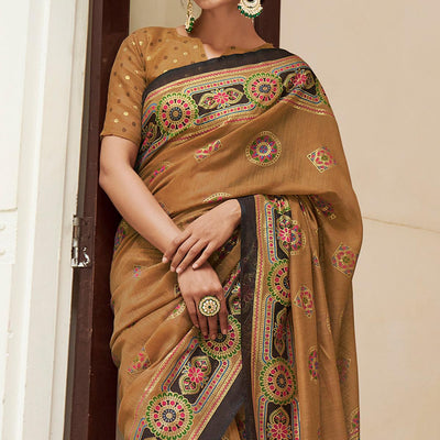 Brown Foil Digital Printed Cotton Blend Saree