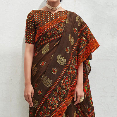 Brown Foil Digital Printed Cotton Blend Saree
