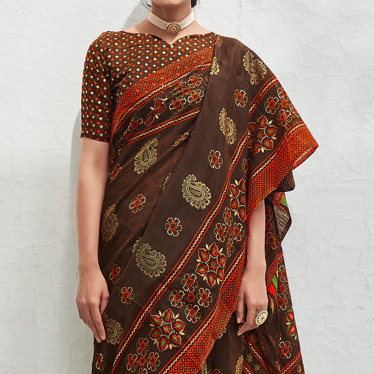 Brown Foil Digital Printed Cotton Blend Saree