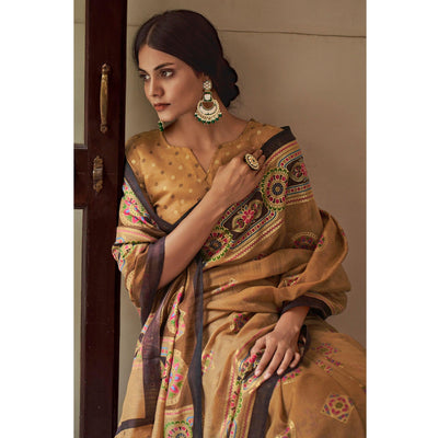 Brown Foil Digital Printed Cotton Blend Saree
