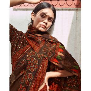 Brown Foil Digital Printed Cotton Blend Saree