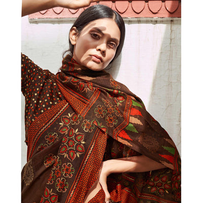 Brown Foil Digital Printed Cotton Blend Saree