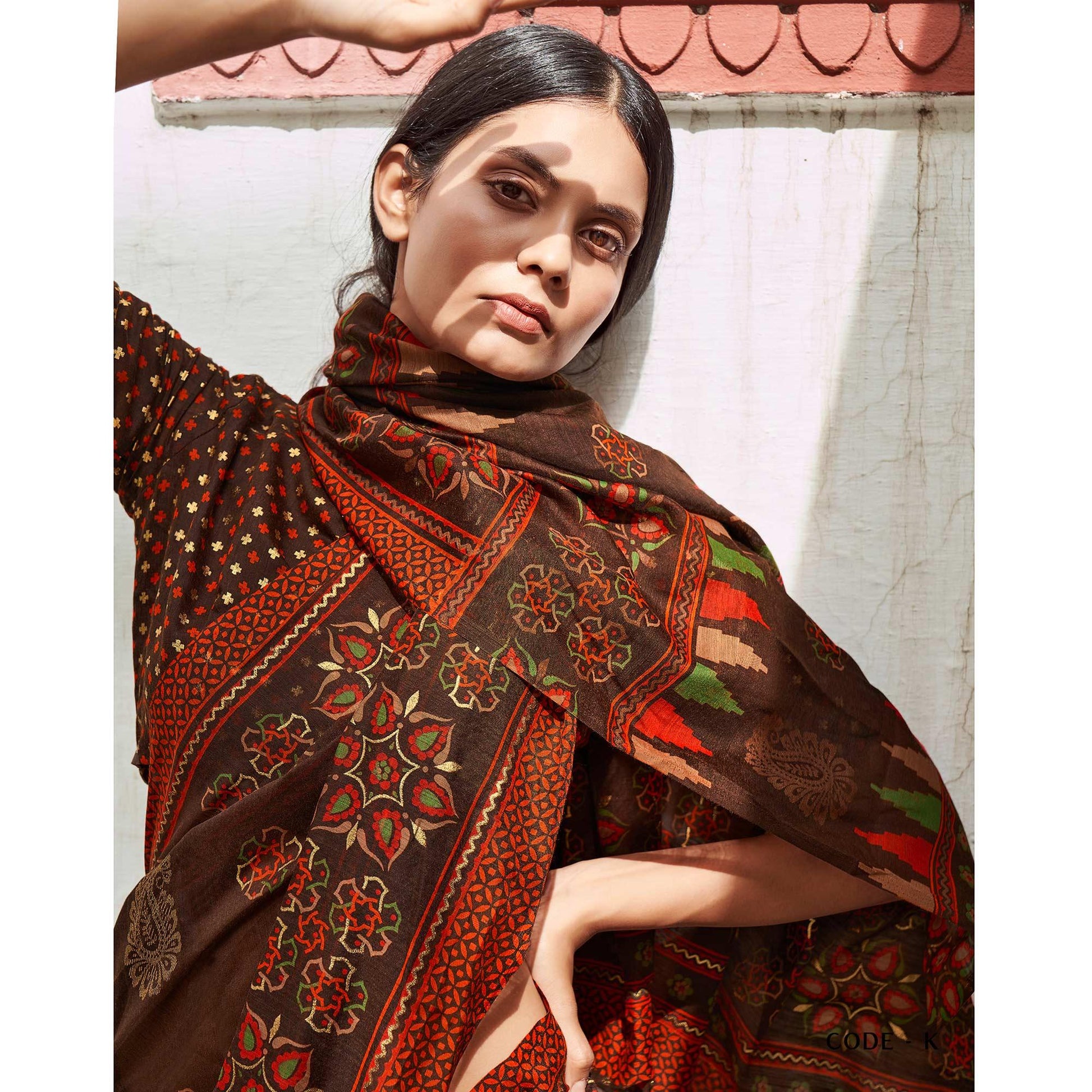 Brown Foil Digital Printed Cotton Blend Saree