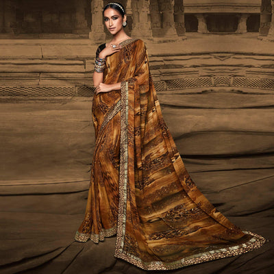 Brown Foil Printed Georgette Saree