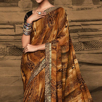 Brown Foil Printed Georgette Saree