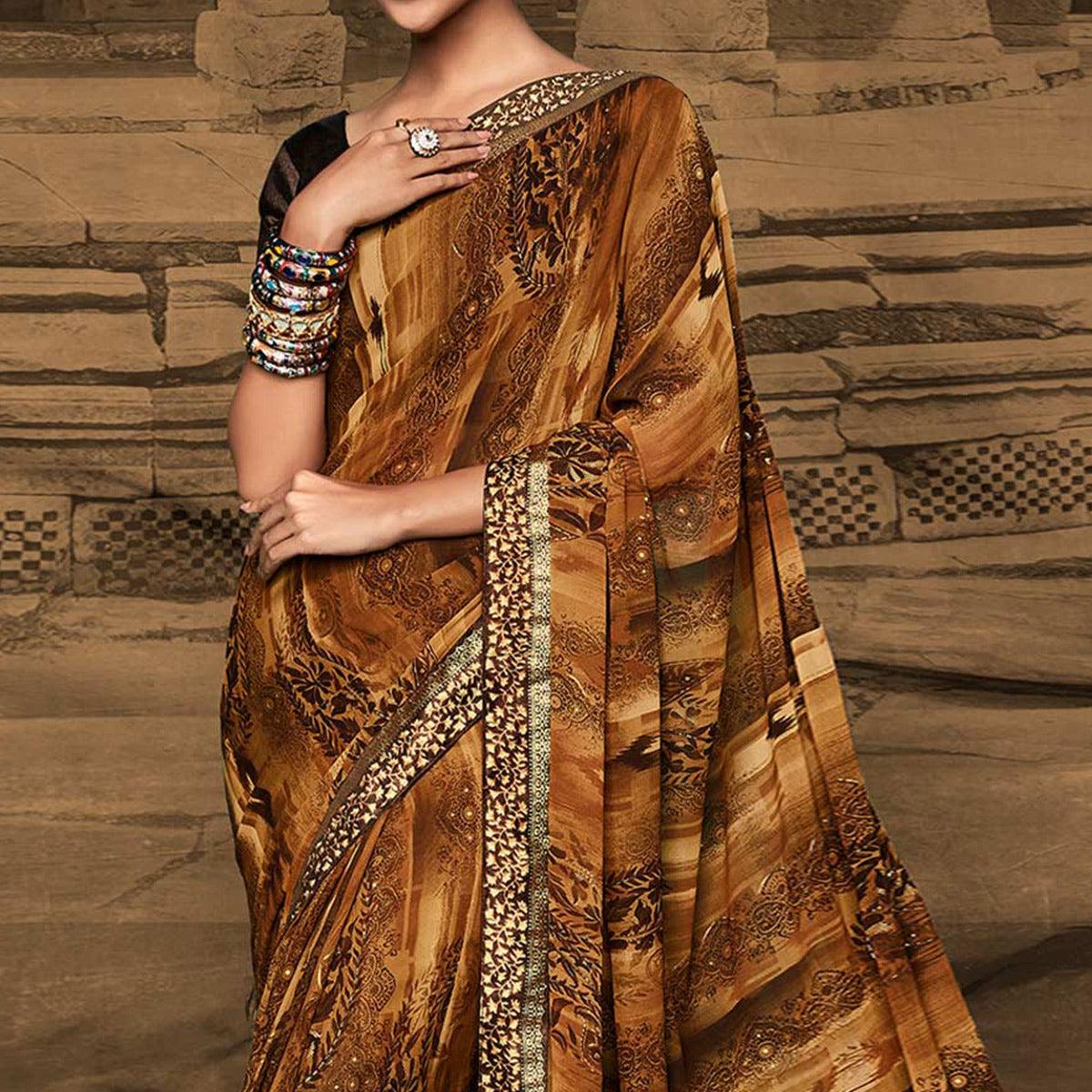 Brown Foil Printed Georgette Saree
