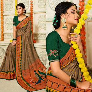 Brown Geometric Printed Brasso Saree With Tassels