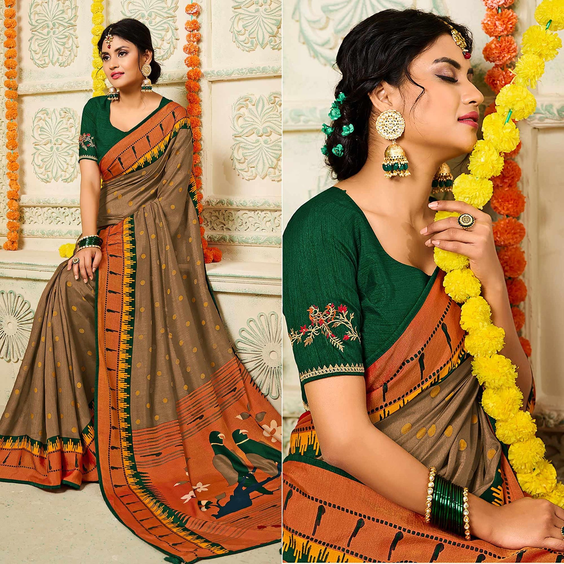 Brown Geometric Printed Brasso Saree With Tassels