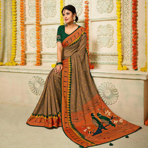 Brown Geometric Printed Brasso Saree With Tassels