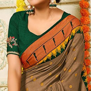 Brown Geometric Printed Brasso Saree With Tassels