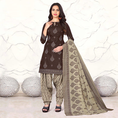 Brown Geometric Printed Cotton Blend Dress Material