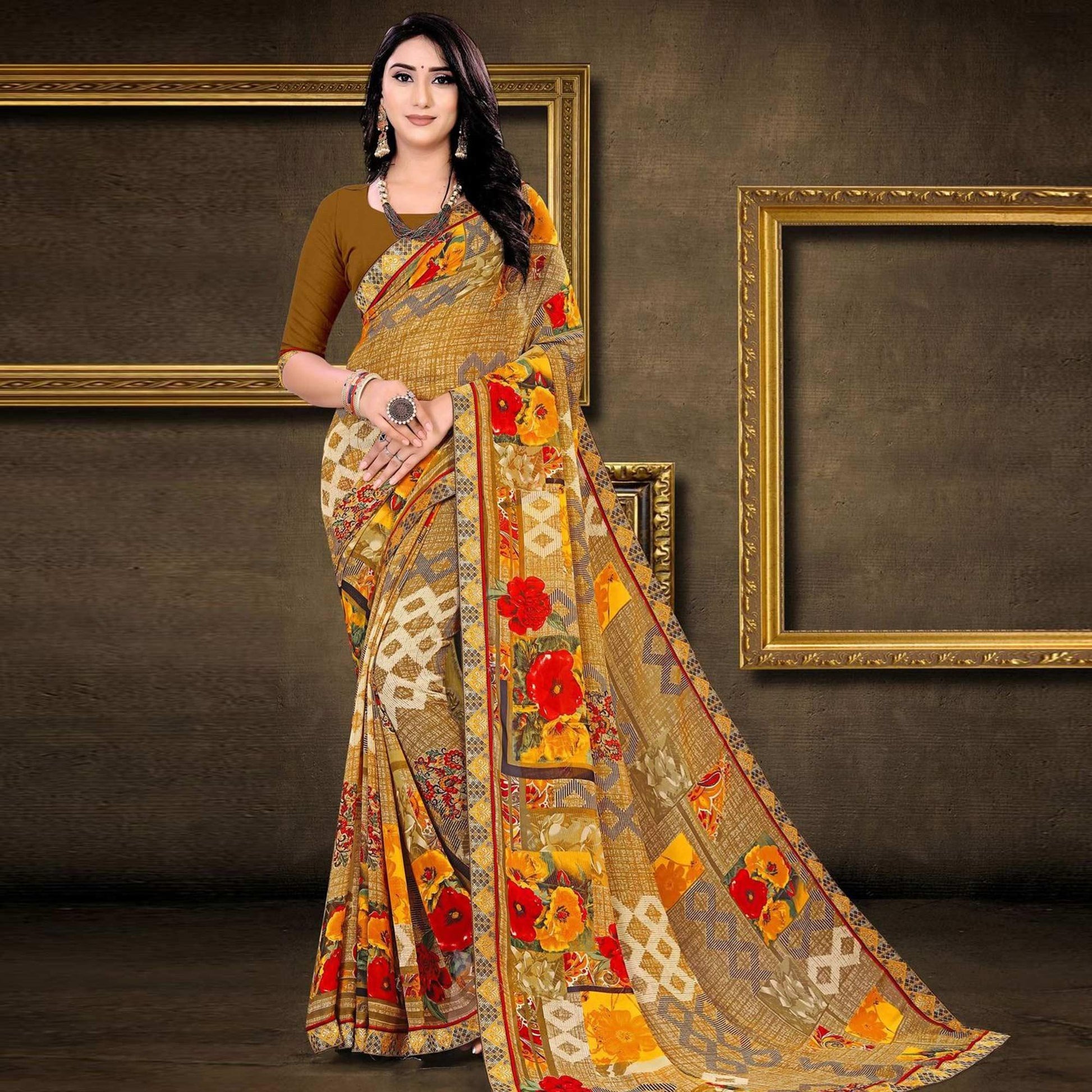 Brown Geometric Printed Georgette Saree