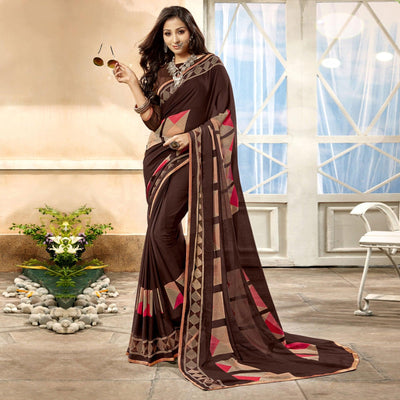 Brown Geometric Printed Georgette Saree