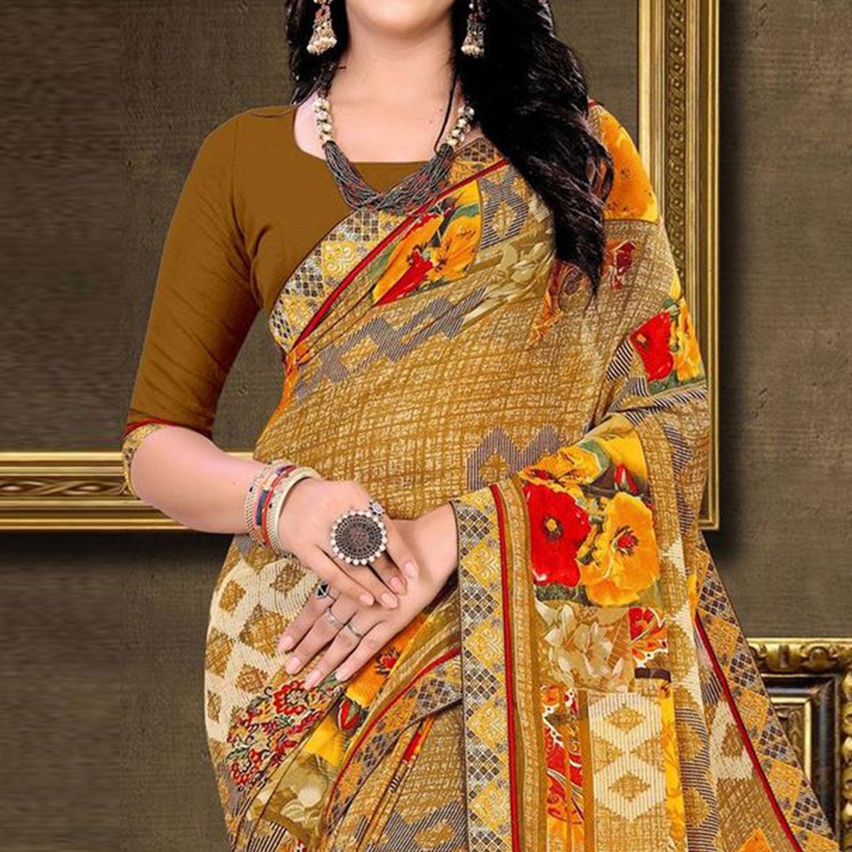 Brown Geometric Printed Georgette Saree
