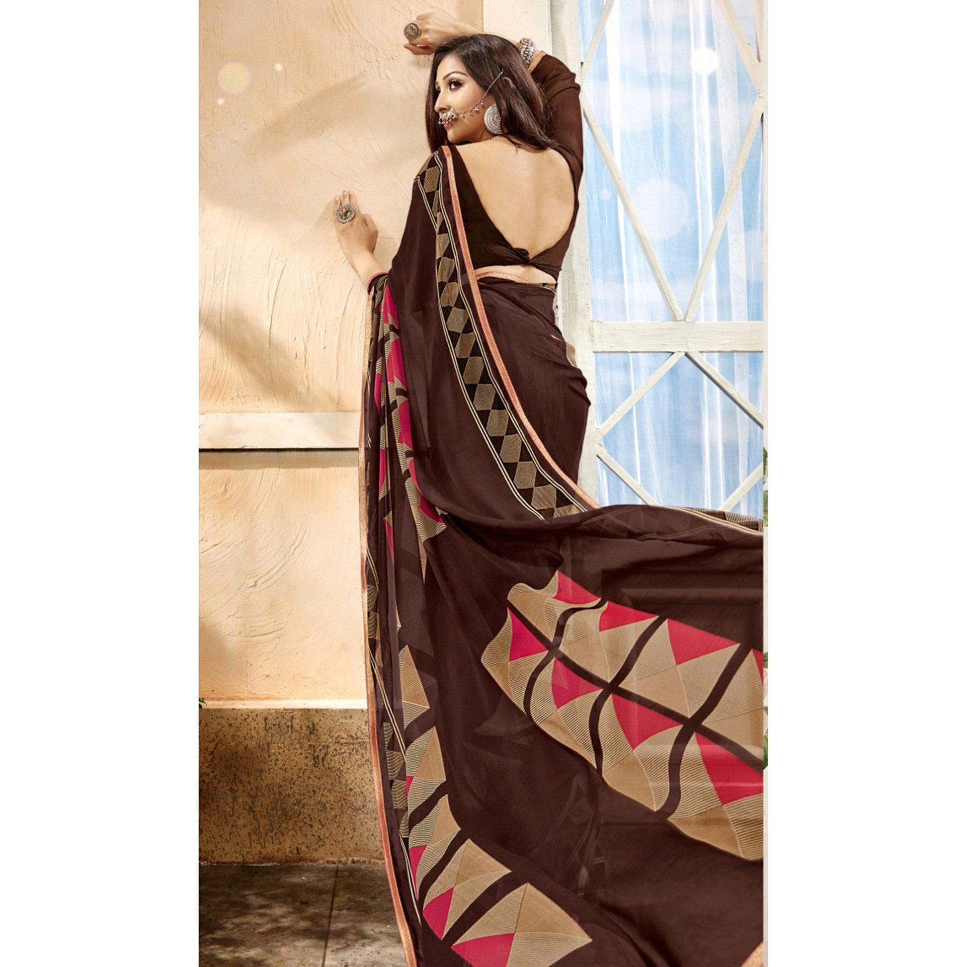 Brown Geometric Printed Georgette Saree