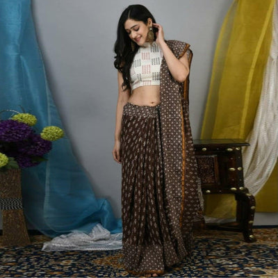 Brown Geometric Printed Linen Saree