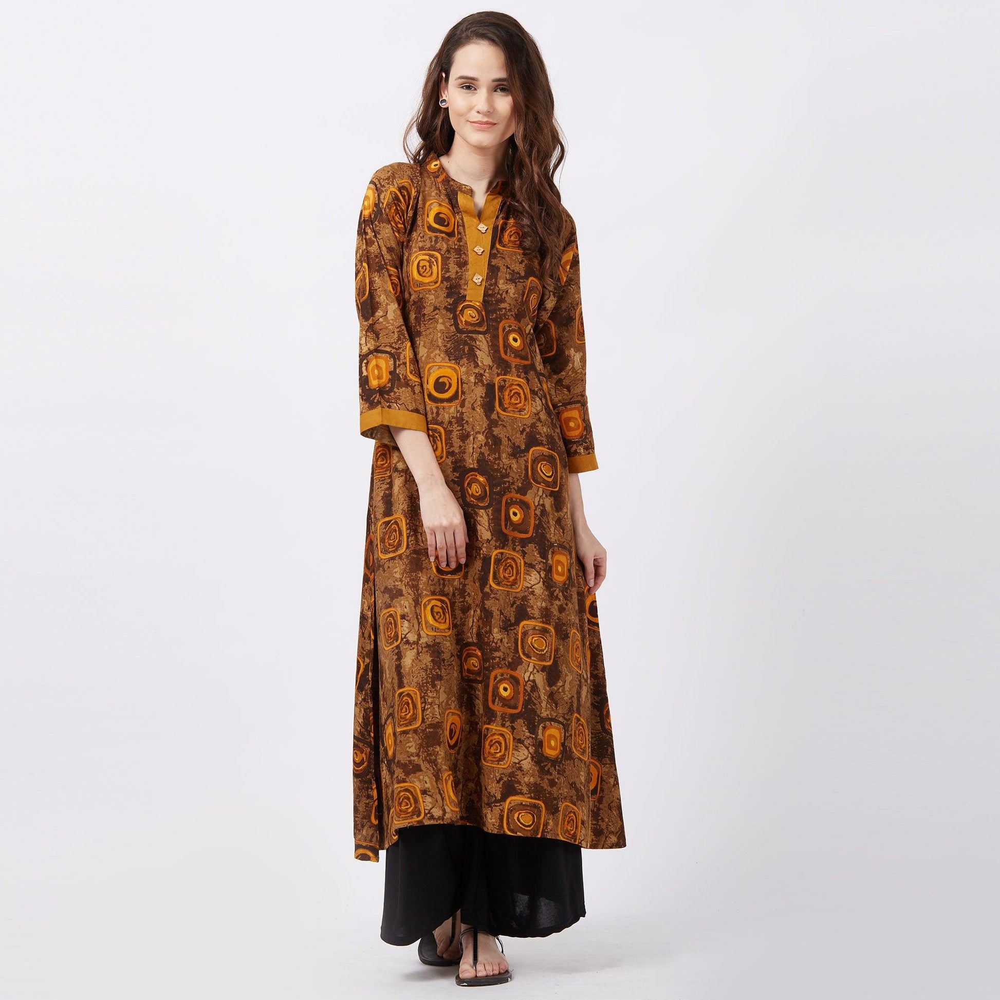 Brown Geometric Printed Rayon Kurti