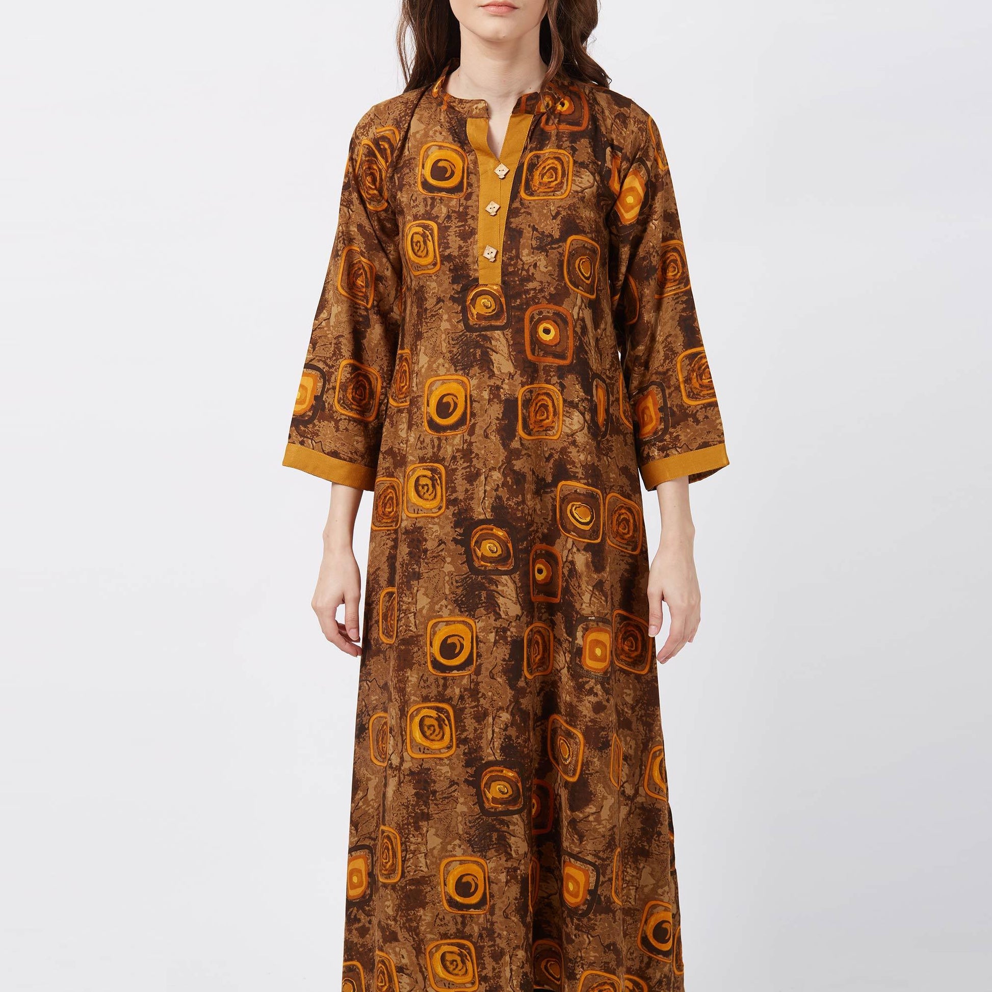 Brown Geometric Printed Rayon Kurti