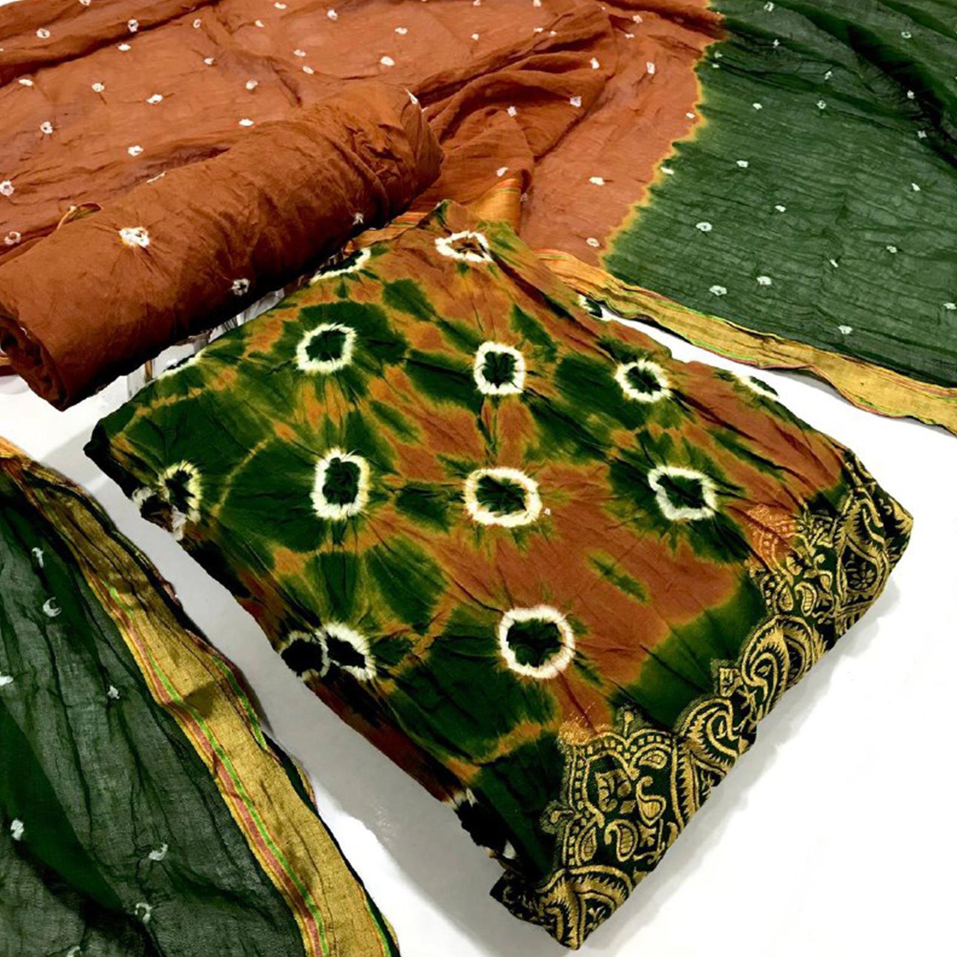 Brown-Green Bandhani Printed Pure Cotton Dress Material