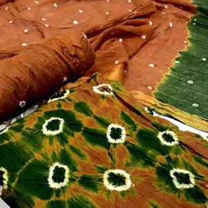 Brown-Green Bandhani Printed Pure Cotton Dress Material