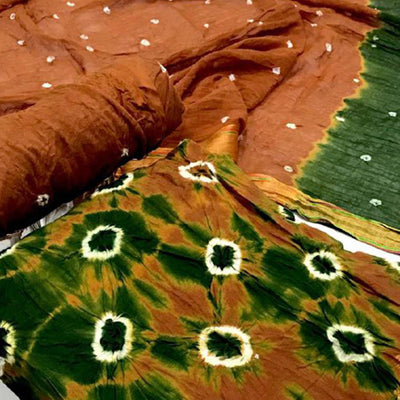 Brown-Green Bandhani Printed Pure Cotton Dress Material