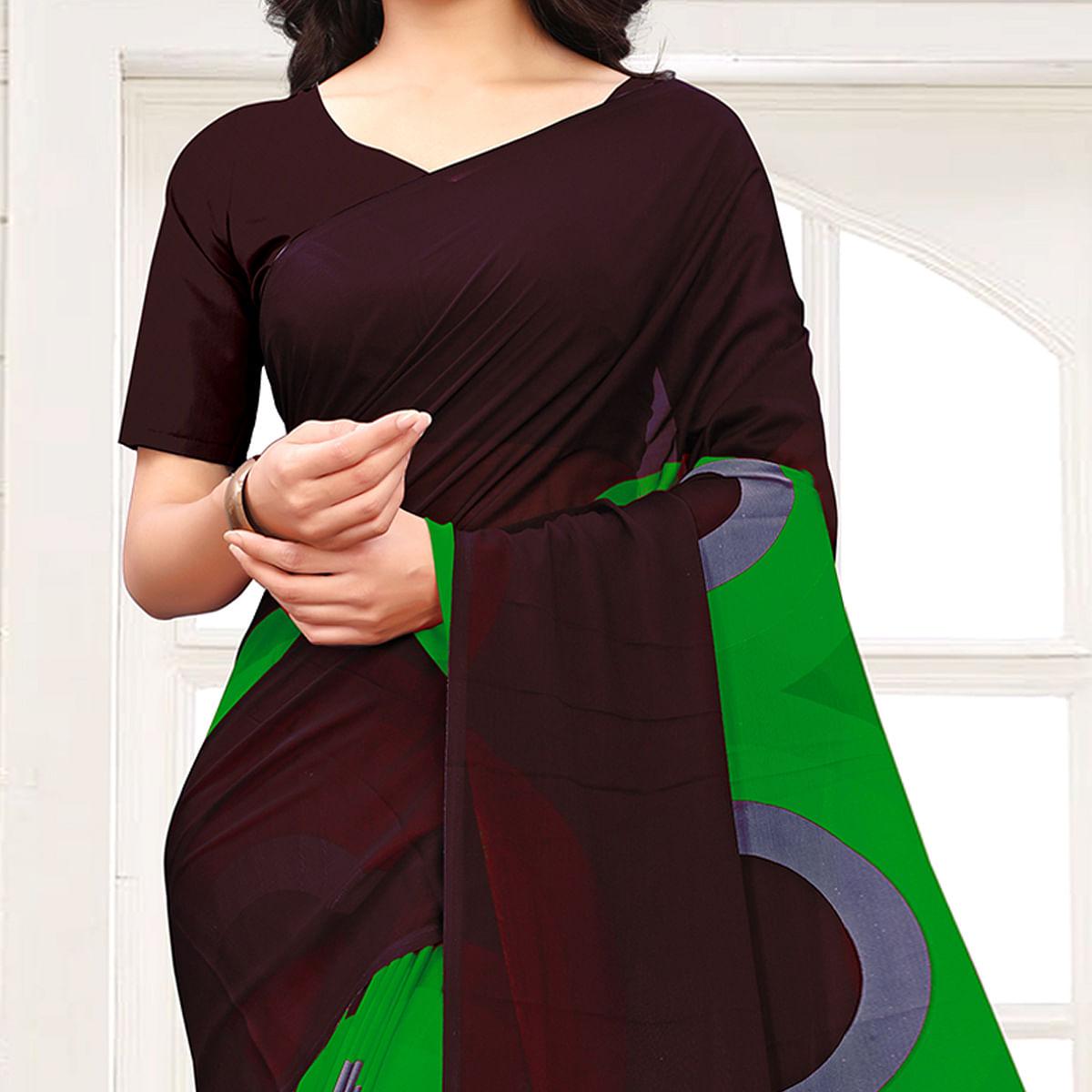 Brown-Green Casual Wear Printed Georgette Saree