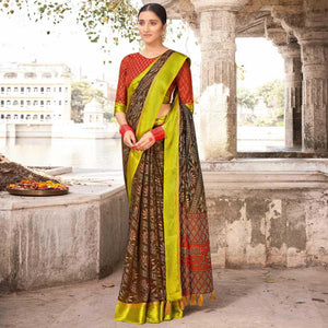 Brown - Green Festive Wear Printed Brasso Saree