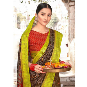 Brown - Green Festive Wear Printed Brasso Saree
