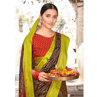 Brown - Green Festive Wear Printed Brasso Saree