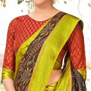 Brown - Green Festive Wear Printed Brasso Saree