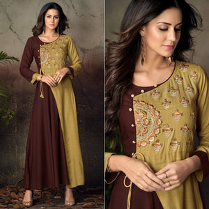 Brown-Green Floral Embroidered Rayon Kurti