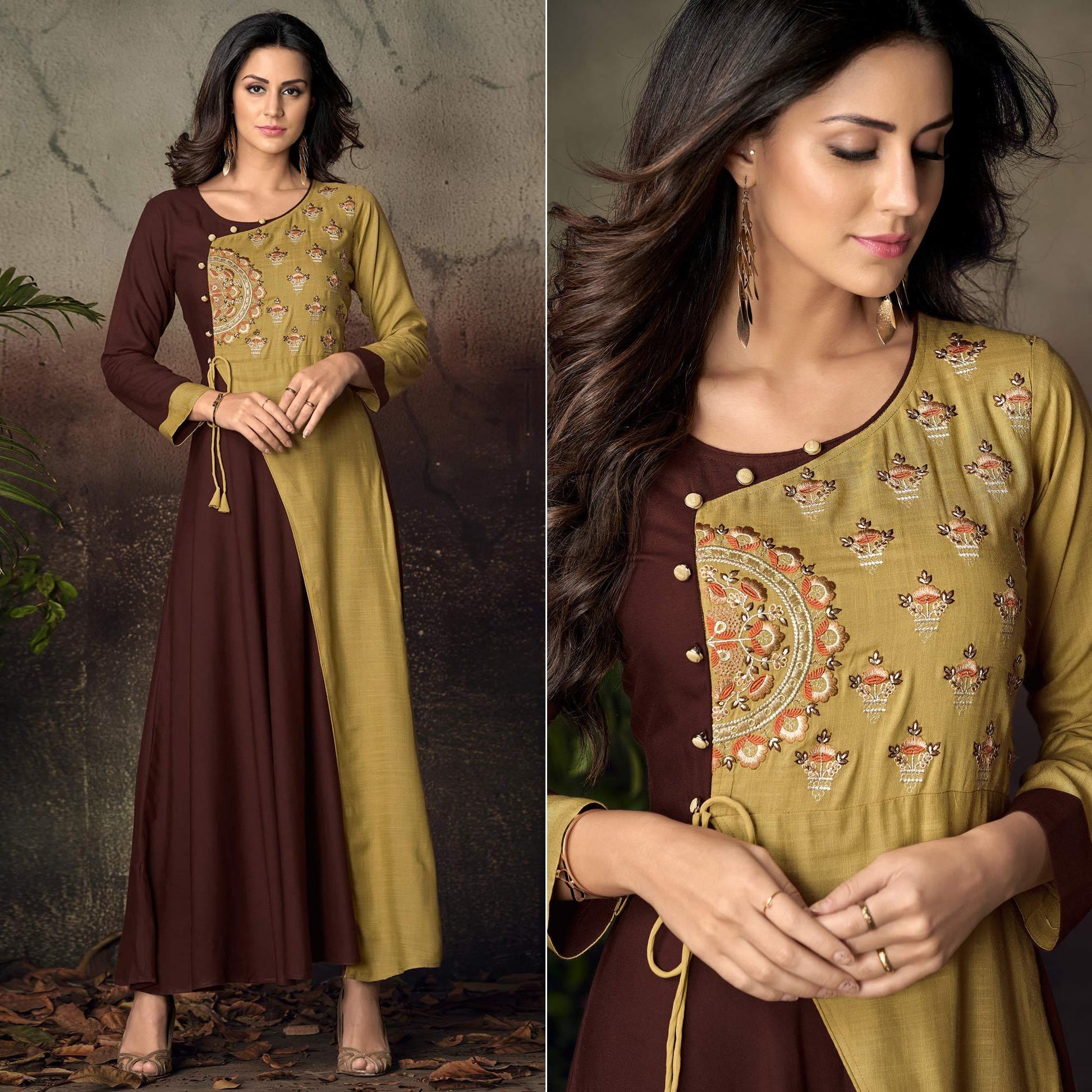 Brown-Green Floral Embroidered Rayon Kurti
