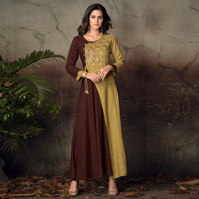 Brown-Green Floral Embroidered Rayon Kurti