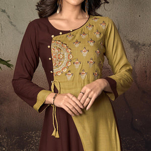 Brown-Green Floral Embroidered Rayon Kurti