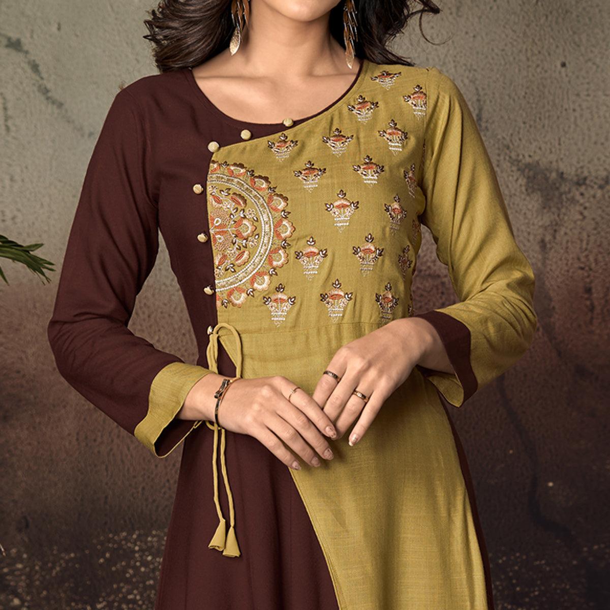 Brown-Green Floral Embroidered Rayon Kurti