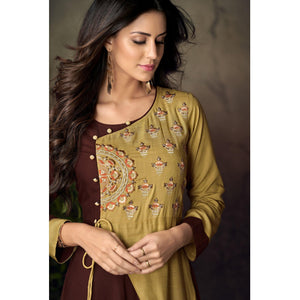 Brown-Green Floral Embroidered Rayon Kurti