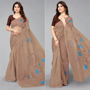 Brown Hand Printed Organza Saree