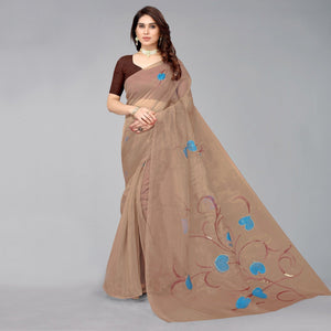 Brown Hand Printed Organza Saree