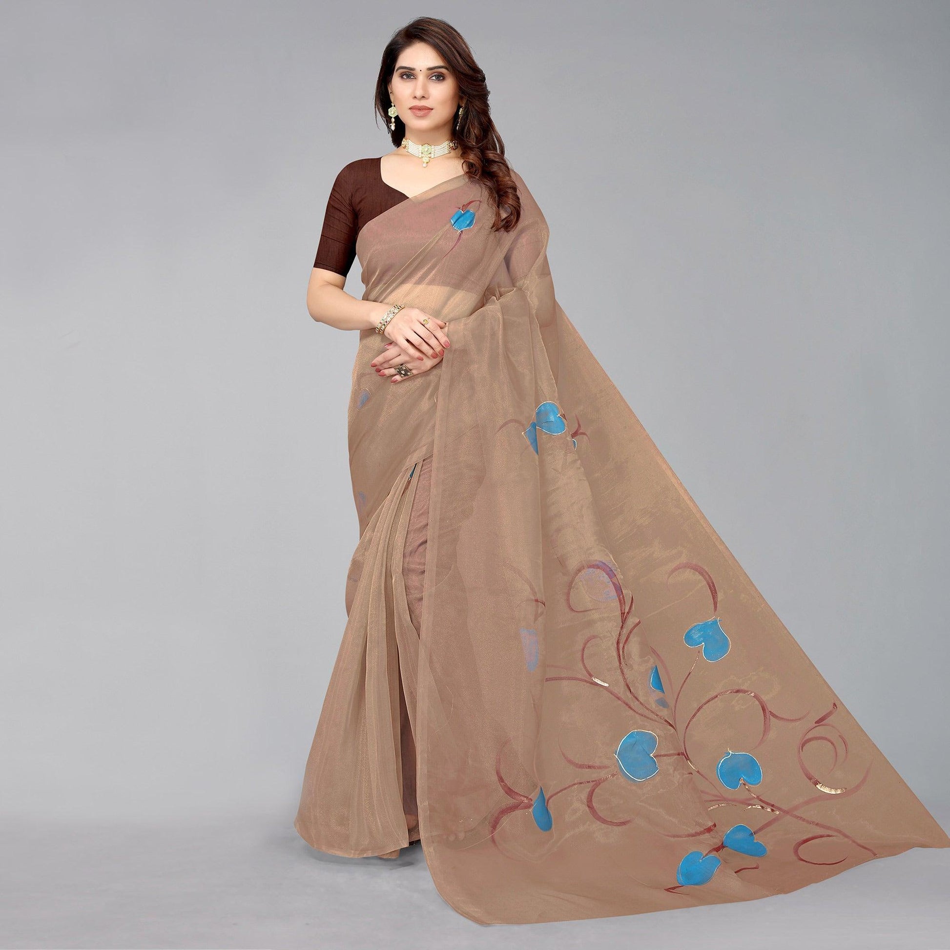 Brown Hand Printed Organza Saree
