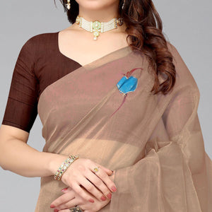 Brown Hand Printed Organza Saree