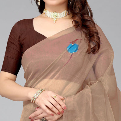 Brown Hand Printed Organza Saree