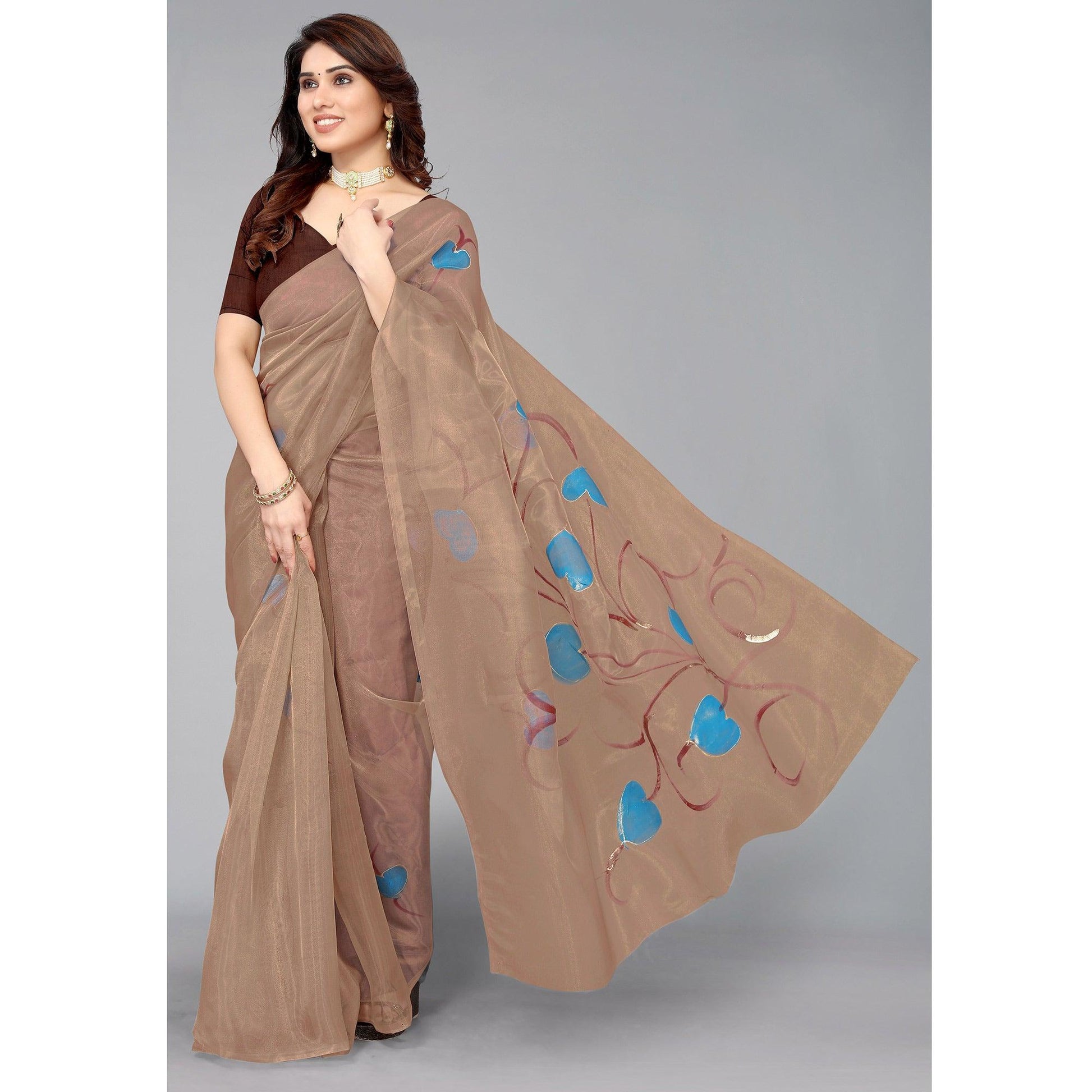 Brown Hand Printed Organza Saree