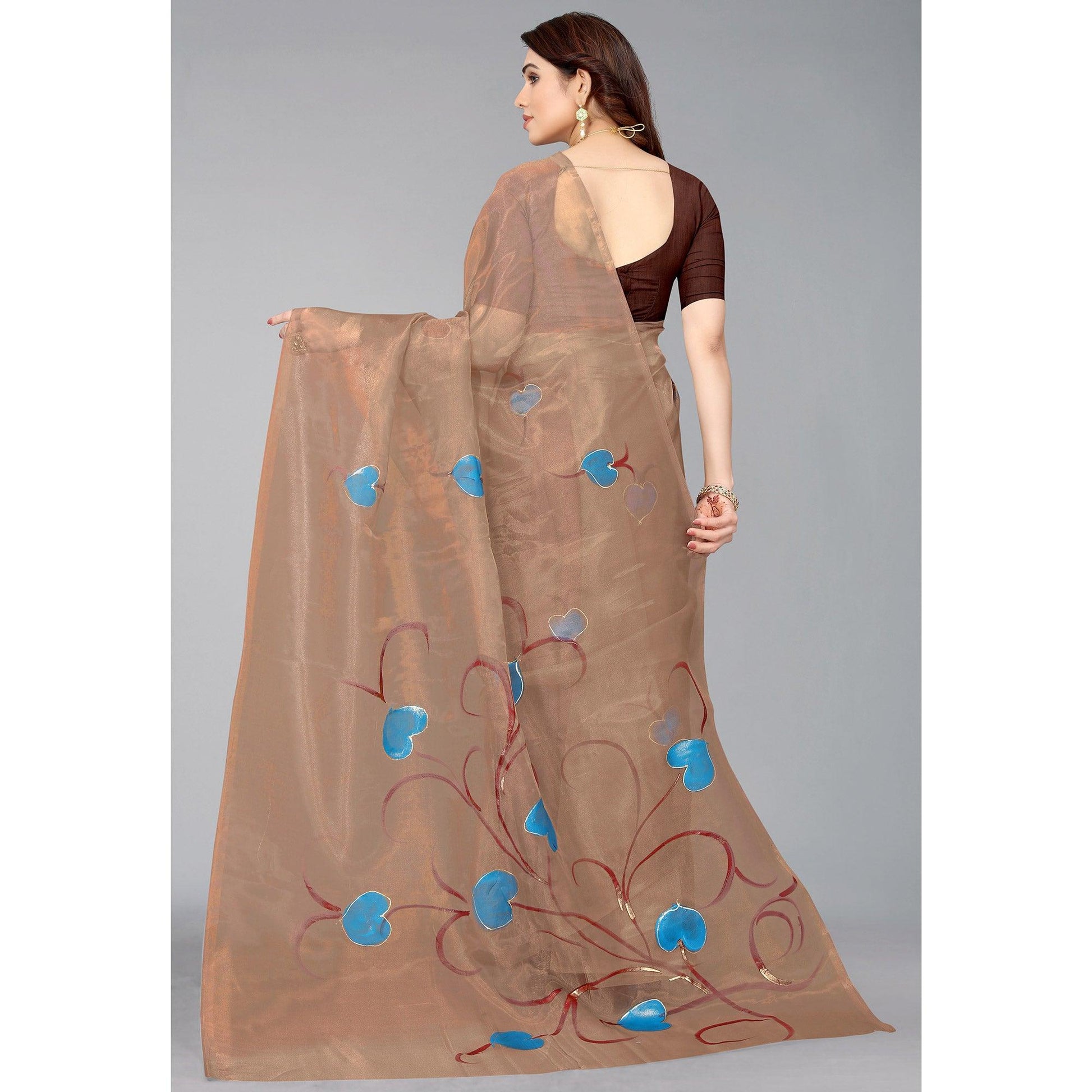 Brown Hand Printed Organza Saree