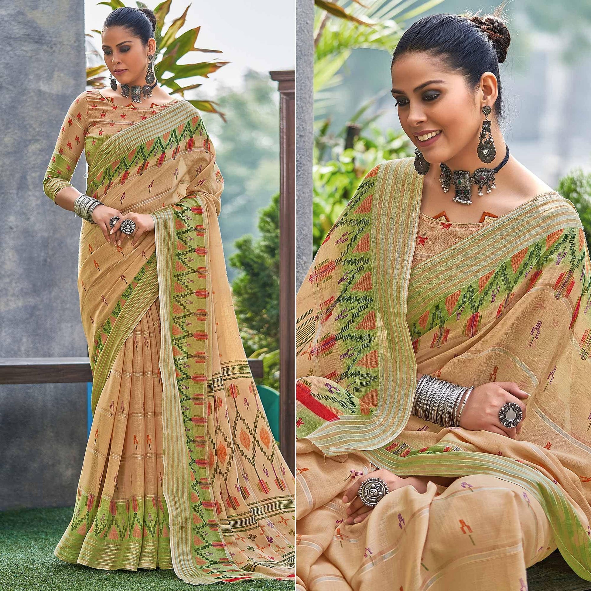 Brown Ikkat Printed Linen Saree
