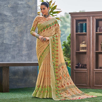 Brown Ikkat Printed Linen Saree